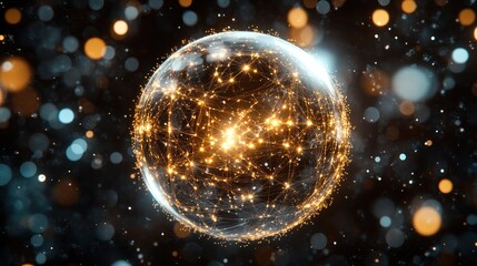 Poster - Golden sphere network, bokeh background, abstract, digital art