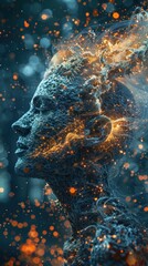 Poster - Abstract woman's profile, fiery energy,  glowing sparks,  mystical background