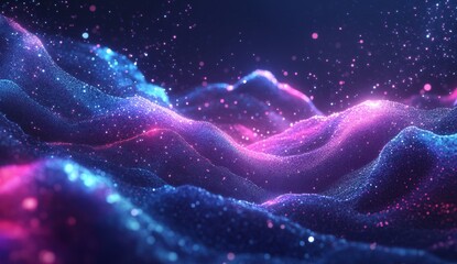Poster - Abstract glowing particles forming wavy landscape.