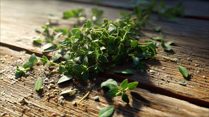 Wall Mural - Thyme leaves on wooden table kitchen light