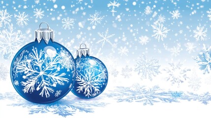 Poster - festive winter season illustration featuring vibrant blue christmas ornaments and delicate snowflakes creating a joyful and elegant holiday backdrop for celebrations
