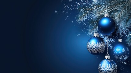 Poster - a captivating blue christmas backdrop featuring shimmering ornaments snowflakes and frosted pine branches evoking a sense of elegance and festive cheer perfect for seasonal designs