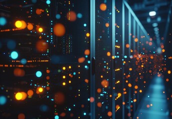 Poster - Futuristic server room with glowing blue and orange lights representing data flow and network activity. Ideal for technology, IT infrastructure, and digital communication concepts
