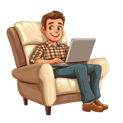 Poster - Cartoon man working on laptop while relaxing in a cozy sofa chair at home, Cartoon man with laptop sitting in sofa chair isolated on white background