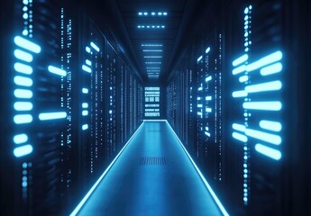 Aufkleber - Futuristic data center hallway with illuminated server racks and glowing floor edges. Perfect for AI, digital infrastructure, cloud computing, and cybersecurity visuals