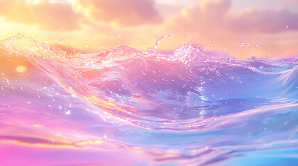 Poster - 
Trendy summer nature banner with pastel liquid colored water surface texture defocused and bright bubbles and splashes create a clean sunny wave scene with space for text or product display

