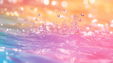 Poster - 
Trendy summer nature banner with pastel liquid colored water surface texture defocused and bright bubbles and splashes create a clean sunny wave scene with space for text or product display

