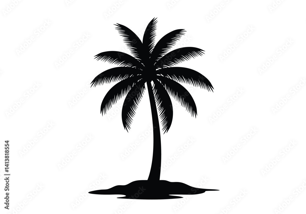 Island palm tree silhouette. This image shows a black silhouette of a ...