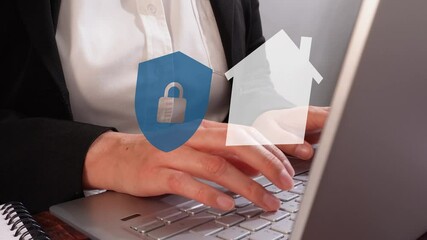 Poster - A woman typing on a laptop with virtual icons of a blue padlock and a house on the screen. Symbolizing home security and protection.