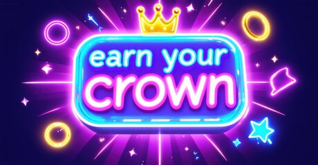 Poster - Bright neon sign displays text, crown icon. Purple background features sparkles, rings, star shapes. Vibrant, playful design.