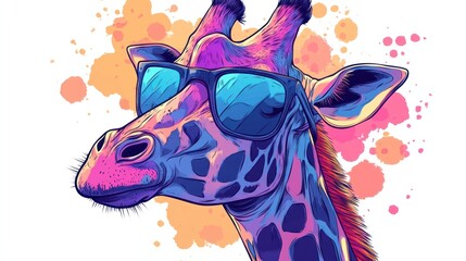 Poster - whimsical giraffe portrait with vibrant color gradients and quirky sunglasses offering a playful take on wildlife art with bright watercolor style splashes