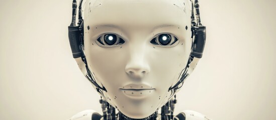 Poster - a conceptual representation of a humanoid robot head with glowing eyes illustrating artificial intelligence and technological advancement in a futuristic setting