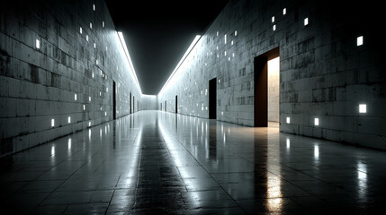 Poster - Futuristic white glow tech tunnel with digital code patterns on walls and floor symbolizes digital transformation innovation and data flow modern matrix design with deep glowing perspective

