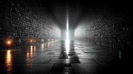 Poster - Futuristic white glow tech tunnel with digital code patterns on walls and floor symbolizes digital transformation innovation and data flow modern matrix design with deep glowing perspective


