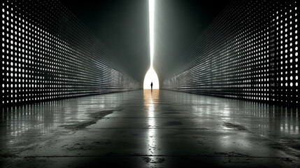 Poster - Futuristic white glow tech tunnel with digital code patterns on walls and floor symbolizes digital transformation innovation and data flow modern matrix design with deep glowing perspective

