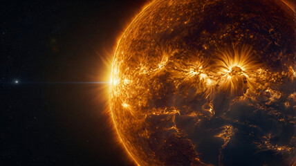 Wall Mural - Detailed Image of the Sun Showing Solar Flares and Plasma Bursts in Outer Space