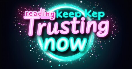 Aufkleber - Bright neon text displays positive message. Words trusting, reading, keep, now shine against dark background with sparkles.