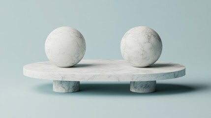 Poster - elegant marble display featuring two spherical elements resting on a pristine platform against a serene blue backdrop evoking minimalist beauty and sophistication perfect for product showcases