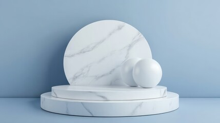 Poster - a sleek minimalist scene showcasing a two-tiered marble platform backdrop with two spheres positioned on top, ideal for showcasing products or creating elegant 3d