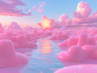 Wall Mural - Surreal Starry Landscape with Pink Clouds and Water Reflection at Sunset