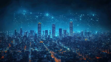 Poster - futuristic cityscape illuminated with intricate network connections offering a vision of modern technology and urban connectivity showing technological advancement in a globalized world