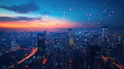 Poster - futuristic cityscape under the sunset sky with digital network overlays showcasing the interconnectedness and advanced technology of modern urban life creating a sense of innovation
