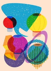 Poster - Risograph Chinese lantern with speech bubble with geometric shapes. Objects in trendy riso graph print texture style design with geometry elements.