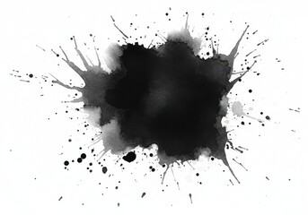 Poster - Black ink blot with splatters and drips on a white background creating an abstract watercolor effect