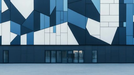 Poster - Abstract geometric design featuring vibrant blue tones and sharp angles on a modern architectural facade