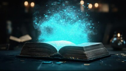 Poster - Enchanted Book Releasing Mystical Light and Symbols in a Dark Library Setting