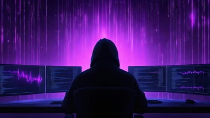 Poster - Mysterious figure in hoodie overlooking multiple screens with digital code, purple ambient lighting creating intense atmosphere