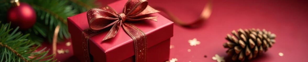 elegant christmas gift box, tied with pine cone ribbon detail , nature, red