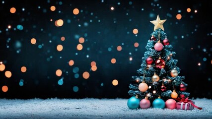Poster - festive christmas tree with colorful ornaments and star on top surrounded by glowing bokeh lights in