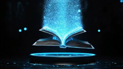 Poster - Floating Book with Glowing Pages and Magical Light Effects in Dark Background for Fantasy and Imagination Themes