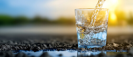 Poster - Refreshing water pouring into glass at sunset nature scene close-up photography tranquil environment