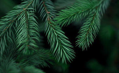 close-up of green pine tree branches with detailed needles and a dark forest background.