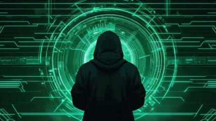 Fototapete - Mysterious Figure in Hooded Cloak Against Futuristic Cyber Background with Digital Patterns and Glowing Elements