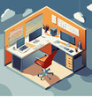 © ketkata - Modern Isometric Office Workspace with Dual Monitors and Ergonomic Red Chair – Creative Workstation Setup with Digital Tools