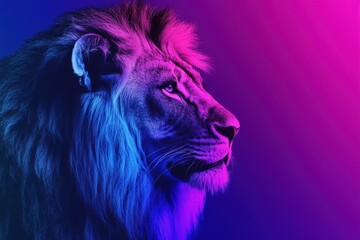 Poster - A majestic lion portrait bathed in vibrant neon lights of pink and blue creating a modern art piece
