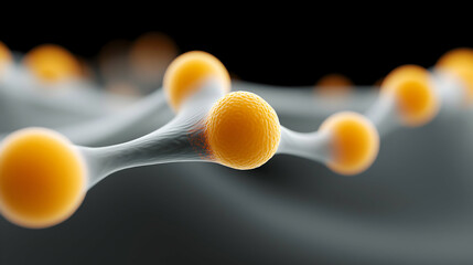 Aufkleber - Abstract representation of molecules with orange spheres connected by white strands against a dark background, illustrating scientific concepts of chemistry or biology.