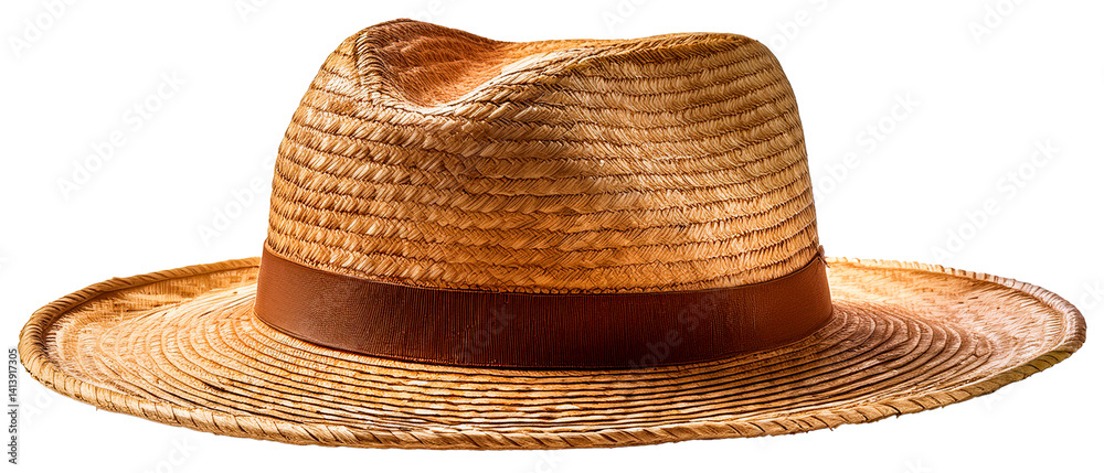 flat brim straw hat with brown band isolated on white background Stock ...