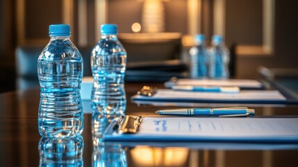Poster - Boardroom table with neatly arranged notepads, pens, and water bottles ready for a professional meeting