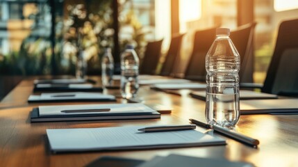 Poster - Boardroom table with neatly arranged notepads, pens, and water bottles ready for a professional meeting
