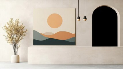 Poster - Artistic Minimalist Interior with Abstract Landscape Artwork and Decorative Plant in Modern Interior Design Setting