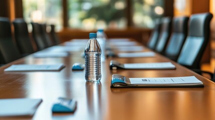 Poster - Empty boardroom set for product demo meeting with smart displays and branded merchandise