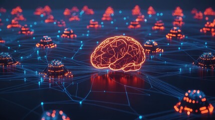 Poster - Glowing brain icon connected with cloud, automation, blockchain, and IoT nodes