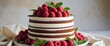 © LoFi J. - Close up of a layered cake with raspberries and mint garnish on a white plate on a blurred background