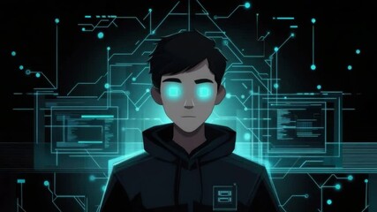 Poster - Young male character with glowing eyes in a futuristic digital environment, immersive technology concept, cyberpunk aesthetic