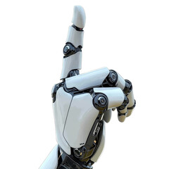 Poster - Futuristic android hand pointing upward on a clean white background showcasing advanced technology, Futuristic Android Hand Pointing on white background