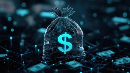 Poster - Digital representation of money bag with glowing dollar symbol on futuristic network background
